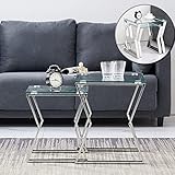 Satztische aus Glas mit Rahmen aus 100 % Edelstahl, stapelbare verchromte Satztische, Beistelltische, Lampentische für das Wohnzimmer, platzsparend – Tischplatte aus klarem gehärtetem Glas (2er-Set)