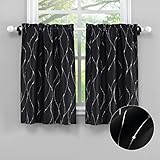 LuxFocus Blickdicht Scheibengardine mit Silber Foliendruck Kurzstores 2er Set Klein Fenstergardinen Kurzvorhang für Küche Wohnzimmer Wellenmuster Schwarz Breite 66 x Höhe 61 cm, 2 Stück
