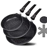 DIVORY Pfannenset 3-teilig Pfanne 20cm, 24cm, 28cm mit abnehmbaren Griff, Induktion, Antihaft-Beschichtete Bratpfanne hoch + Pfannenschoner - Induktionspfanne