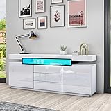 Senvoziii Weiß Sideboard Schrank Matt Body & Hochglanz TV Lowboard LED Beleuchtung Kommode mit 2 Türen 3 Schubladen 160cm für Wohnzimmer Esszimmer