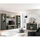 Lomadox Landhaus Wohnwand Set mit Anrichte, grün mit Wotan Eiche, mit Beleuchtung, Regalschrank, Standvitrine, TV-Lowboard, Wandregal und Sideboard