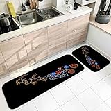 Banemi Teppich Küche Modern, Mokett Teppich Gelb Weiß Rot Elch und Weihnachtsmann 50X80cm+50X160cm für Schuhschaber, Ideal für Den Innenbereich