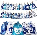 Adventskalender zum Befüllen Junge Mann, 24 Stoffbeutel Stoffsäckchen Kette zum selber Basteln und Aufhängen, Weihnachtskalender zum selbst füllen mit Blau Grau Stoff Säckchen für Kinder Junge Männer