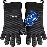 VIOKS 2Stk Backofen Handschuhe Set, Silikon Handschuhe Hitzebeständig für Küche, Silikon Topfhandschuhe mit Baumwollfutter Schwarz für BBQ/Grill