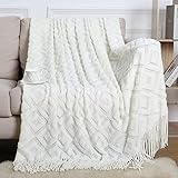 LumiSyne Gestrickte Decke Mit Quaste Einfarbig Jacquard Diamanten Muster Kuscheldecke Strickdecke Tagesdecke Überwurf Couchdecke Dekorative Decke Für Sofa Bett Beige 180x240cm