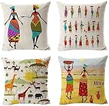 Abstrakte afrikanische Frau wasserdichte Kissenbezugen,4 Stück 35x35cm Dekorative Outdoor Kissen Wasserfest Atmungsaktiv Doppelseitige Leinen Kissenbezüge für Garten Bauernhaus Wohnzimmer Schlafzimmer