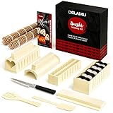 Delamu Sushi Maker Set,13 Stück Sushi Maker Kit für Anfänger,mit 8 DIY Sushi Reis Roll Form Formen,Gabel,Spatel,Sushi-Messer,Sushi Rolling Matte Bambus,Sushi Set zum Selber Machen,Sushi Starter Set