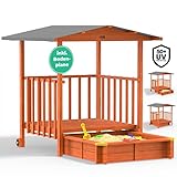 Spielwerk Sandkasten mit Dach Veranda 133x127x137cm Sandkiste Spielhaus Holz UV 50+ Sonnenschutz Abdeckung Transportrollen Garten Sandspielzeug Kinder