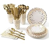 141 Stück Weißgold Partygeschirr Pappbecher Pappteller Set, Wiederverwendbar Papier Geschirr Set einschließlich Tischdecke Teller Becher Servietten zum Geburtstag, Hochzeiten, Jubiläums -20 Gäste