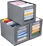 DIMJ 3 Stück Aufbewahrungsboxen, Faltbox mit Transparentem Sichtfenster Faltbare Aufbewahrungskiste mit Schlaufe für Kleiderschrank, Kleidung, Bücher, Kosmetik, Spielzeug usw. (34 * 23 * 23 cm, Grau)