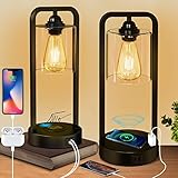 Nachttischlampe, 2 Stück Touch Dimmbar Tischlampe Wireless Charger Tischleuchte Glasschirm Nachtlicht mit USB A+Typ-C-Anschlüssen & Wechselstromsteckdose, 3 Helligkeitsstufen, E27 Glühbirnen Enthalten