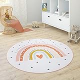 Paco Home Kinderteppich Teppich Rund Kinderzimmer Spielmatte Babymatte rutschfest Stern Mond Elefant Regenbogen, Grösse:Ø 150 cm Rund, Farbe:Creme