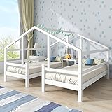 Hausbett für 2 Kinder， Zwei Einzelbetten unter einem Dach im Hausbettdesign mit Nachttisch und Lattenrost，Jugendbett 90*200 mit Rausfallschutz，Weiß