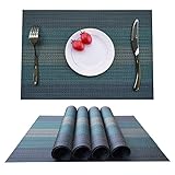 KOKAKO Platzsets (4er Set), Rutschfest Abwaschbar Tischsets,PVC Abgrifffeste Hitzebeständig Platzdeckchen,Schmutzabweisend und Waschbare,Platz-Matten für küche Speisetisch(Grau Blau)