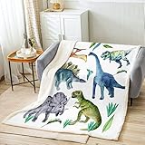 Loussiesd Dinosaurier Kuscheldecke Kinder Schlafzimmer Cartoon Dino Tier Dekor Wohndecke für Jungen Weiß Wohndecke Atmungsaktive Aquarell Dschungel Tier Wildlife Flanell Fleecedecke 150x200cm Decke