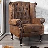 CAGÜ - EDLER DESIGNKLASSIKER OHRENSESSEL [WINCHESTER] BRAUN aus KUNSTLEDER im KLASSISCH ENGLISCHEN CHESTERFIELD-STIL, NEU!