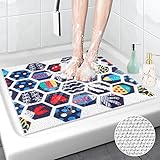 Lurowo Duschmatte, rutschfest, Luffa-Badteppich mit Drainage, strukturiertes PVC, Duschmatte, schnelltrocknend (sechseckiges Meeresmotiv)