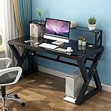 FAANAS Computerschreibtisch aus gehärtetem Glas mit Bücherregal, moderner einfacher Schreibtisch für das Heimbüro, Studententisch/Arbeitsplatz, einfache Montage(31 Inch, Black)