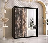MINIO go for it - Schiebetürenschrank mit Spiegel Decor I 150x200x62 cm I Kleiderschrank I Geräumig I 2 Stangen I 5 Regalen I Laminierte Platte I Schwarz Matt/Holzmuster
