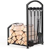 COSTWAY Kaminholzregal mit 4 Kaminwerkzeug, Kaminholzständer Metall, Feuerholzablage, Brennholzregal, Holzscheitregal 5-teiliges Set für Innen- und Außenbereiche