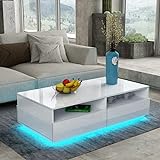 Senvoziii LED Couchtisch für Wohnzimmer, Beistelltisch Moderner Holztisch, Weißer Glanz Kaffeetisch mit 4 Schubladen Lagerung für Zuhause