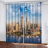 JIARAO Gardinen Vorhänge Ösen 2 Stück Shanghai, China Vorhang Schlafzimmer Geräuschreduzierung 3D Drucken Moderne Stadt Luxus Hochwertig Abdunklungsvorhänge 220 x 215 cm BxH