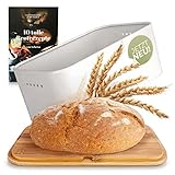 Premium Brotkasten Weiß - Bambus Brotbox - Brotkasten mit Schneidebrett - Brotbehälter mit Holzdeckel inkl. 10 Gratis Rezepten - Brotkasten klein