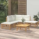 Homgoday Gartenlounge Set 6-TLG. Loungemöbel Gartenlounge Set Garnitur Sitzgruppe Lounge-Set Loungegruppe Gartensofa für Garten Terrasse und Balkon Bambus mit Cremeweißen Kissen