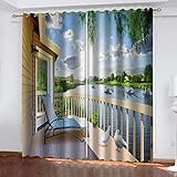 Blickdichter Vorhang 2 Stücke 3D Balkon Schwanensee Muster Verdunklungsvorhänge Schlaufen Gardinen Kälteschutz & Hitzeschutz Ösenschal Für Schlafzimmer Wohnzimmer Fensterdekoration 260X280cm