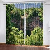 LUDSOL Grüner Wald Verdunkelung mit Ösen Vorhänge, Klippenwasserfall 3D Muster Vorhänge 2er Set Modern Schlafzimmer Vorhänge, H 138 X B 117cm für Schlafzimmer Fenster