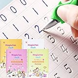 4 Stück Deutsch Magisches Heft, Magisches übungsheft mit Stift, 26x18cm Wiederverwendbares Magische Handschrift nachziehen für Kinder Kalligraphie Kinder,Zahlen,Zeichnung,Buchstaben Schreiben Lernen