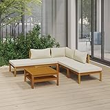 JUNZAI 6-TLG. Garten-Lounge-Set mit Creme Kissen, Terassenmöbel Wetterfest, Loungemöbel Terrasse, Garten Sitzgruppe, Gartenlounge, Balkon Sitzgruppe,Massivholz Akazie