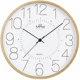 MPM Quality Holzimitation Wanduhr, Kunststoff-Rahmen mit Holzeffekt, Helles Holz, Quarz-Uhrwerk, reibungsloser Ablauf, ∅ 300 x 42 mm, Wand-Dekoration Modern Style, für Wohnzimmer, Schlafzimmer, Büro