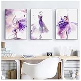 MYTAYT Nordic Wandkunst Leinwand Malerei Aquarell Lila Balletttänzer Poster Und Drucke Wandbilder Familie Wohnzimmer Schlafzimmer Wohnkultur-40X60Cmx3-Kein Rahmen