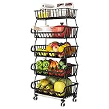 BRIAN & DANY Gemüseregal für Küche, 5-Stufiger Stapelbarer Obstkorb Gemüse Aufbewahrung mit Abschließbaren Rollen und 5 S-Haken für Küche, Speisekammer, Badezimmer, Garage