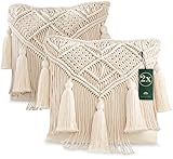 DeinKaufladen.com Boho Kissen Makramee Kissenbezüge mit Fransen und Quasten [2er Set] Trendige Dekokissen-Bezüge im Boho Style – ca. 40x40 cm große Sofakissen-Hüllen in beige