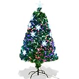 GYMAX 120/150/180/210 cm künstlicher Weihnachtsbaum mit Glasfaser-Farbwechsel & 15/21/30/40 LED, Tannenbaum mit Baumkronenstern & Schneeflocken, Christbaum mit 135/180/230/280 PVC-Nadel, Grün (120 cm)