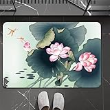 Hinnin Badezimmerteppich, Badematte rutschfest, Duschmatte rutschfest, Duschvorleger, Badvorleger Badteppich Waschbar Teppich Badezimmer, Bathroom Mat, Bath Mat Mats, Bad Teppich, Lotusblume-60x90cm