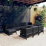 ZEYUAN 10-TLG. Garten-Lounge-Set mit Kissen, Lounge Gartenmöbel Set, Gartenlounge Set, Loungemöbel, Möbelsets, Garten Möbel, Balkon Möbel, Schwarz Kiefer Massivholz