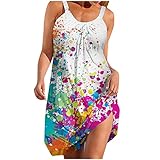 tsaChick Sommerkleider Lang Damen Damen Sommer Bedrucktes Ärmelloses Sexy Sonnenkleid Lässig Fließend Strandkleider Halter Rundhalsausschnitt Kleider Blumen Kleid Damen Sommerkleid Damen Kurz Sexy
