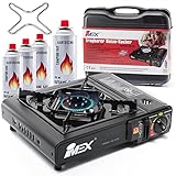 IMEX Camping Gaskocher für Kartuschen Campingkocher 1-flammig schwarz mit Koffer und Herdkreuz | Outdoor Gasgrill für gaskartuschen 227g (Gaskocher + 4 Kartuschen)
