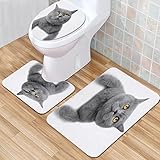 IUBBKI Badezimmermatte, rutschfeste Badematte, Studio-Grau, Kätzchen, Katze, weiße Rasse, britisch, kurzhaar, grau, Badematten-Set, 3-teilig, saugfähig, rutschfest, Badematte, WC-Vorleger, Badteppich