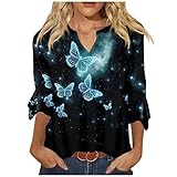 Kurzes Top Damen Sexy Langer 3/4 Arm Notch V Ausschnitt Damen Tunika Elegant Gedruckt Sommer Tshirt Frauen Basic Shirt Locker Blusenshirt Damen Oberteile Mit Knöpfen Lässig,Cyan,M