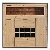 EVURU Modernes Holzfarbe Sideboard mit Doppeltüren Weinschrank mit Ablagefächern Glasregal und Weinhalterung Aufbewahrungsschrank für Flur Schlafzimmer Wohnzimmer