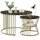 DIYHOM Couchtisch 2er Set, Nesting Kaffeetische Satz mit Marmor-Muster und Gestell aus Metall, Rund Gold, Moderne Couchtische für Wohnung, Satztische, Beistelltisch (Schwarz-1)