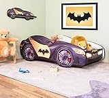 Alcube® Autobett 80x160 mit LED-Beleuchtung PKW BAT CAR mit Wandregal mit Matratze, Lattenrost & Rausfallschutz - MDF Bett für kleine Fledermausmann - Kinderbett 160x80 cm Cars Bett Jugendbett