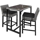 TecTake Alu Rattan Bartisch mit Barhocker Set, 3-teiliges Gartenbar Set, Outdoor Barset mit Stehtisch und Barstuhl mit Kissen, Gartentheke mit Tischplatte in Marmoroptik, Holzbeine, wetterfest (Grau)