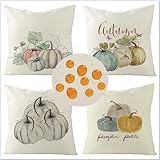 Jvyaeen Outdoor Kissenbezug Wasserdicht Kissen 4er Set,Quadrat Doppelseitig Kissenhülle,Hochwertige Qualität Leinenmaterial,für Balkon Sofa Garten Dekor kissenbezüge Farbiger Kürbis 80x80cm