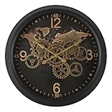 LW Collection Wanduhr mit drehenden Zahnrädern schwarz 62cm - Radar Wanduhr schwarz - Wanduhr mit beweglichen Wandrädern