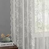 FINECITY Spitzenvorhänge, 183 cm lang, für Wohnzimmer, ländlich, rustikale Blumenblätter, bestickte durchsichtige Spitzenvorhänge, 2 Paneele, Stangentasche, Sichtschutz, 132x183 cm, elfenbeinfarben